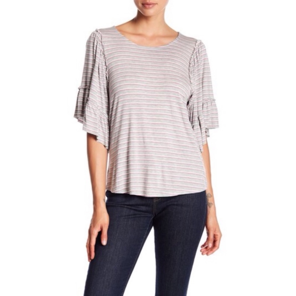 NWOT BOBEAU Pink & Grey Striped Flounce Sleeve Med